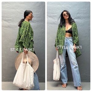 Style Park 1 Neon Green Animal Print Cheetah Kimono w/Pockets OS Bali Bohemian